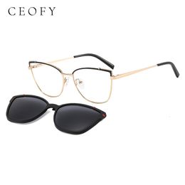 Fashion Sunglasses Frames CEOFY Cat Eye Metal Retro Polarised Sunglasses Women Fashion Optical Myopia Eyeglasses Frames Prescription Frame with Clip 230818