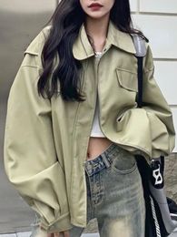 Womens Jackets Green Vintage Fashion Jacket Coat Women Black Zip Korean Designer Outerwear Female Pockets High Street Casual Tops Autumn 230818