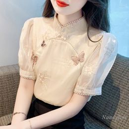 Women's Blouses Summer Retro Shirts 2023 National Style Elegant Heavy Industry Three-Dimensional Embroidery Beads Cheongsam Top Blusas