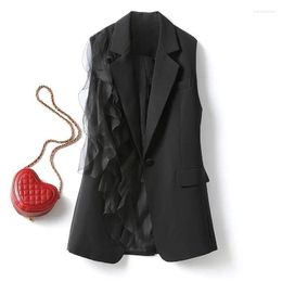 Women's Vests Women Black Mesh Spliced Ruffles Blazers OL Gauze Pleated Splice Long Waistcoat Turn Down Collar Suits Cardigan Tank Tops