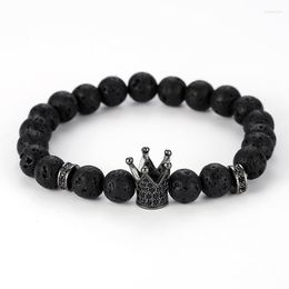 Strand 2023 Trendy Natural Black Volcanic Lava Stone Beads Bracelet Pave CZ Crown Sheet Bracelets Women&Men Charm Jewellery Elegant Gifts