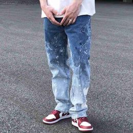 Men's Pants American Street Gradient Splash Ink Graffiti Jeans Men's Tidal Brand Straight Leg Loose Washed Vintage Casual Trousers Z230819