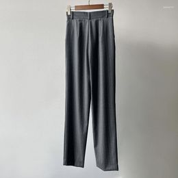 Women's Pants Gray Striped Woman Long Wide Leg Straight Wool Blend Trousers Sides Pockets Fashion