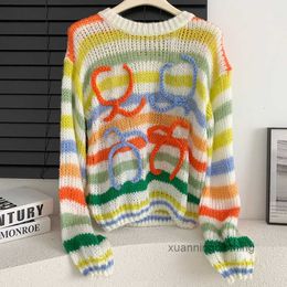 Women's Sweaters Long Sleev Mohair Vintage Sweater Woman Winter Crewneck Wool Rainbow Stripe Knit Design Clothing J374