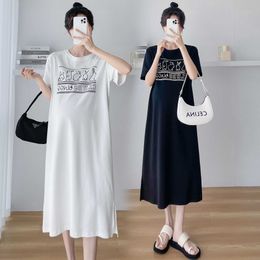 Pregnant Women's Summer Dress Korean Short Sleeve Top Summer Fashion Split Over Knee Loose Dress Summer T-shirt Long Skirt