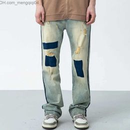 Men's Pants High Street Tide Brand American Vintage Patch Tear Jeans Men's Loose Contrast Straight Leg Display Pants Z230819