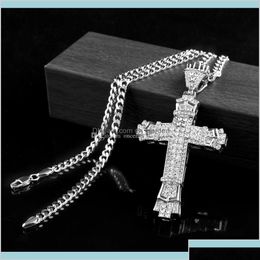 Pendant Necklaces Retro Sier Cross Charm Fl Ice Out Cz Simated Diamonds Catholic Crucifix Necklace With Long Cuban Chain 4Ljdh Xjl3J D Dh2Kn