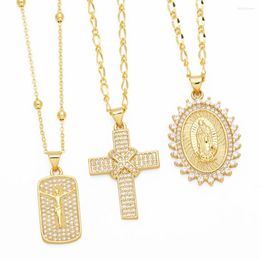 Pendant Necklaces FLOLA Blessed Gold Colour Virgin Mary Necklace For Women Copper CZ Crystal Jesus Cross Tag Religious Jewellery Nkev99