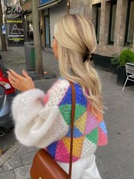Womens Knits Tees Colourful Patchwork Crochet Cardigans Sweater Knitted Lantern Sleeve Oneck Loose Knitwear Women Autumn Fashion Casual Streetwear 230818