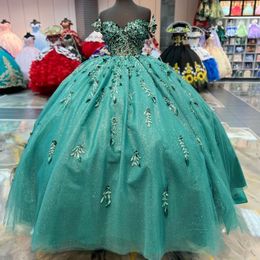 Emerald Green Shiny Princess Quinceanera Dress Ball Gown Off Shoulder Crystals Flowers Pageant Sweet 15 Party Dress vestidos de 15