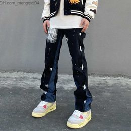 Men's Pants Design Sense Splash Ink Graffiti Jeans High Street Vibe Pants Men's Spliced Straight Loose Black American Pants Fashion Z230819