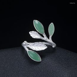 Cluster Rings Amxiu 925 Sterling Silver Handmade Jewellery Adjustable Open Ring Natural Jade For Women Leaf Bijoux Party Accessories