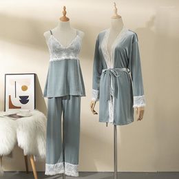 Women's Sleepwear Pleuche Pajamas For Women Spring Autumn Lace Beauty Sexy Homewear Suits 3PCs High Quality Warm Soft Concise Charming