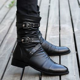 Boots Wnfsy Winter Pointed Toe Men's Midcalf Buckle Strap Chelsea Boot for Men Leather High Top Man Shoes 230818