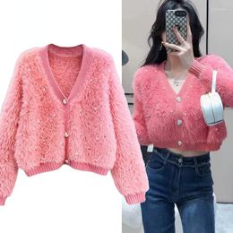 Women's Knits Fashion Soft Mohair Knitted Cardigan Sweet Pink Cropped Korean Beded Long Sleeve Sweater Women