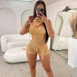 Women's Tracksuits Women Sexy 2023 Nightclub Bar Sequins Fashion Matching Set Halter Irregular Lacing Vests Headscarf Mini Bottom Girls