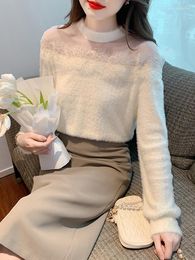 Women's Sweaters Korean Fashion Winter Mink Fleece Lace Splicing Pullovers For Women O-Neck Long Sleeve Tops Sexy Bottoming Female