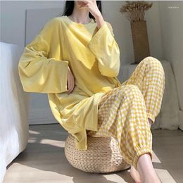 Women's Sleepwear Two-piece Pyjamas Autumn Winter Korean Solid Colour Top Plaid Pants Casual Home Service Underwear Pijamas