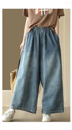 Women's Jeans 23Women Summer Office Lady Style Washed Vintage Bleached Pocket Loose Female Tide Ankle-Length Wide Leg Pants Wild