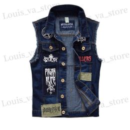 yelek erkek 2022 Men's Patches Design Jeans Vest Ripped Denim Waistcoat Men Denim Vest Man Sleeveless Jeans Vest Frayed size 6XL T230819