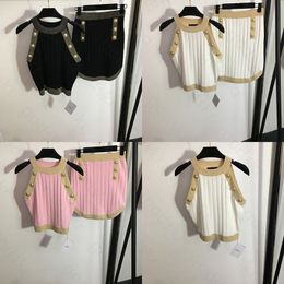 Fashion Knit Women Camisole Skirt Designer Dress Halterneck Knit Vest Sexy Gold Button Package Hip Skirt