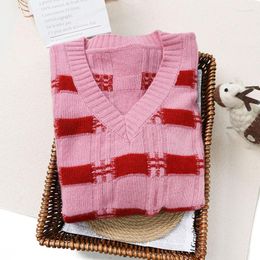 Women's Sweaters Autumn And Winter 2023 Lazy Loose All-match Pink V-neck Red Striped Knitted Sweater