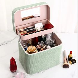 Corduroy Makeup Organiser With Foldable Tray & Handle, Makeup Travel Bag With Mirror Large Capacity Makeup Box Train Case, Gift For Men Women