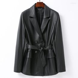 Women's Leather Genuine Lambskin Blazer Fashion Double Breasted Button Office Ladies Belt Sheepskin Jacket Coats
