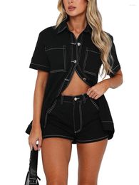 Women's Shorts Women S Streetwear Denim Shirt And Set With Short Sleeves Contrast Stitching - Casual 2 Piece Outfit For A Chic Look