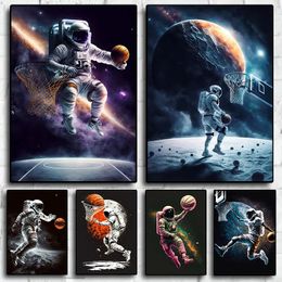 Canvas Painting Pop Neon Cyberpunk Space Astronaut Basketball Poster Aesthetic Sport Dunk Print Wall Art Home Fitness Room Decor No Frame Wo6
