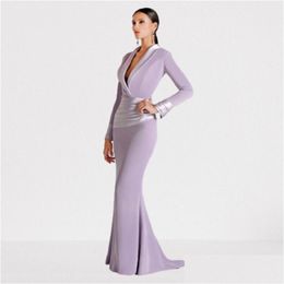 Urban Sexy Dresses Party Prom 2022 Luxury V-Neck Long Evening Dress Light Purple Elastic Satin Sheath Shoder Floor Length Gowns With Dhg3U