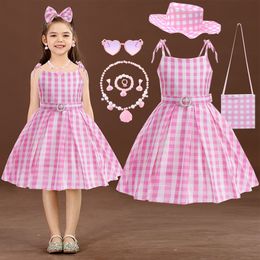 Cosplay Barbi Movie Pink Dress For Kids Girl 2023 Halloween Party Clothing and Accessories Children Dresses With Bow Tie 230818