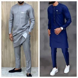 Mens Tracksuits 2Pcs Outfits African Sets Outfit Long Sleeves Round Neck Embroidered Casual Shirts Sweatpants Wedding Party Festival Suits 230818