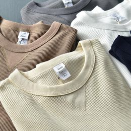 Men's T Shirts Summer American Retro Long-sleeved O-neck Soild Colour T-shirt Fashion Simple Waffle Washed Casual Sport Tops
