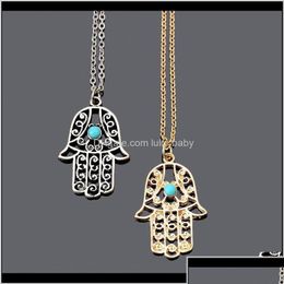 Pendant Necklaces Bohemian Design Vintage Handmade Jewellery Simple Green Stone Gold Sier Colour Charm Hamsa Hand For Women Choker Ugfww Dh8Tv