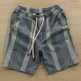 Men's Shorts Summer Loose Denim American Style Vertical Stripes Elastic Waist Casual High Street Five-point Pants Male Clothes