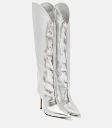 Boots 2023 Silver Gold Metallic Knee High Heels for Women Designer Stilettos Sexy Winter Black PlusSize Shoes 230818