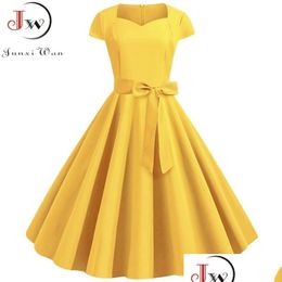 Basic Casual Dresses Summer Solid Yellow Colour 50S 60S Vintage Dres Short Sleeve Square Collar Elegant Office Party Midi Belt 2107 Dhv6B