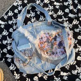 Evening Bags MBTI Original Y2k Tote For Women Vintage Denim Cute Dogs Patchwork Lace Student Shoulder Bag Large Capacity Female Handbag