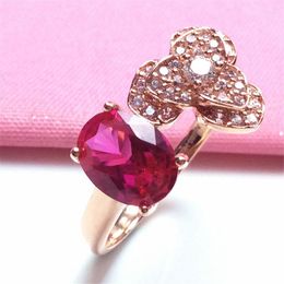 Cluster Rings Elegant In Fashion Red Gemstone Crystal Flower Engagement For Women 585 Purple Gold Plated 14K Rose Jewelry