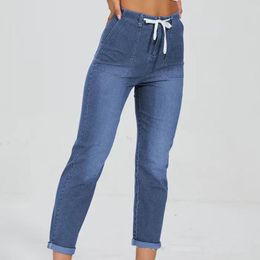 Gumipy Women Pull On Denim Joggers Elastic Waist Stretch Drawstring Jeans with Pocket Casual Baggy Jeans Cropped Jeans 2308192