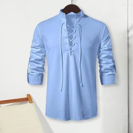 Men's Casual Shirts Men Solid Color Tops Vintage-inspired Slim Fit With Stand Collar Lace-up Detailing For Stylish Look