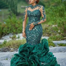 Dark Green Long Sleeve Mermaid Africa Evening Dresses Sequins Lace Ruffle Formal Evening Gowns Sheer Neck Zipper Back Prom Dress BC12904