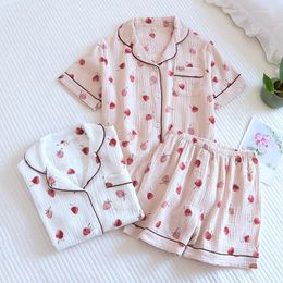 Women's Sleepwear Summer/Autumn Strawberry Print Pyjamas Cotton Crepe Short Sleeved Shorts Suits Lapel Cute Loose Comfortable Home Clothes