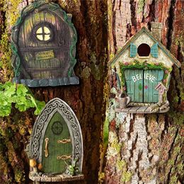 Decorative Objects Figurines Engraved Design Wooden Miniature Fairy Gnome Door Windows Lawn Ornament Garden Decoration Outdoor Kid Gift 230818