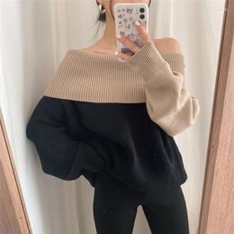 Women's Sweaters 2023 Winter Commuter Style Word Collar Colour Matching Two-wear Off-shoulder Sweater