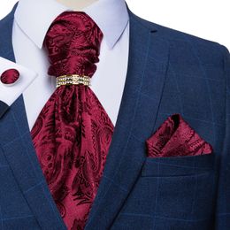 Neck Ties Burgundy Red Paisley Men Vintage Ascot Tie Wedding Formal Cravat Ascot Luxury Necktie Hanky Cufflinks Ring Set For Party DiBanGu 230818