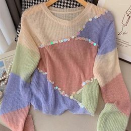 Women's Knits Knitted Pullover Women Sweater Summer Top Contrast Colour Thin Half Sleeve Mujer Korean Casual Slim Jersey