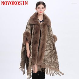 Women's Fur 4 Colours 2023 Women Khaki Poncho Big Faux Collar Tassel Outstreet Wear Winter Warm Woollen Thick Long Cloak Loose Coat