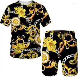 Men's Tracksuits Mens T Shirts And Shorts Set Fashion Golden Pattern Luxury Floral 3D Print Tracksuit Casual Streetwear Male Men Clothing